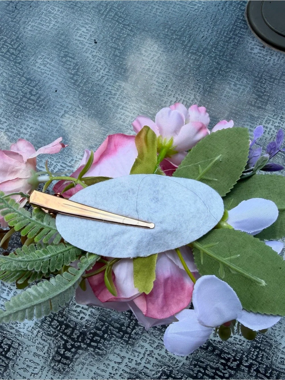 Source Unknown Pastel Pink Rose Hairpiece with Green Accents